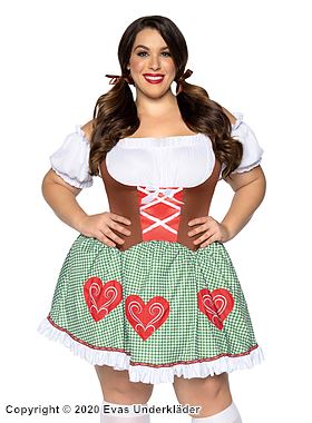 Oktoberfest-vertinne, kostyme-dirndlkjole, volangkant, off-shoulder, hjerter, XS til 4XL